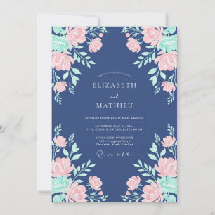 Navy Pink Blossom Floral Wedding Invitation