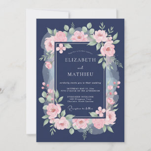 Navy Pink Blossom Wedding Invitation