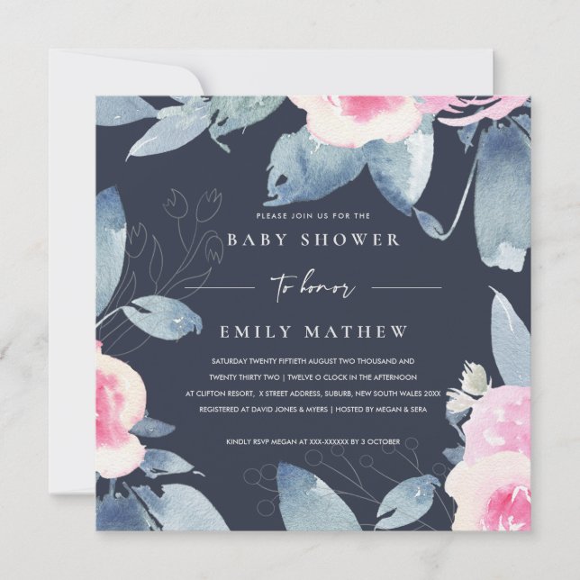 NAVY PINK BLUE FLORAL WATERCOLOR BABY SHOWER INVITATION (Front)