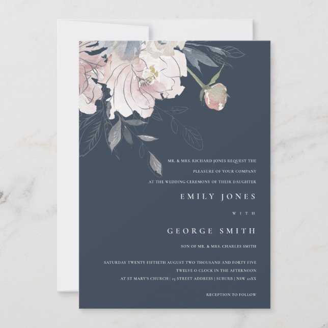 NAVY PINK BLUSH WATERCOLOR FLORAL WEDDING INVITE (Front)