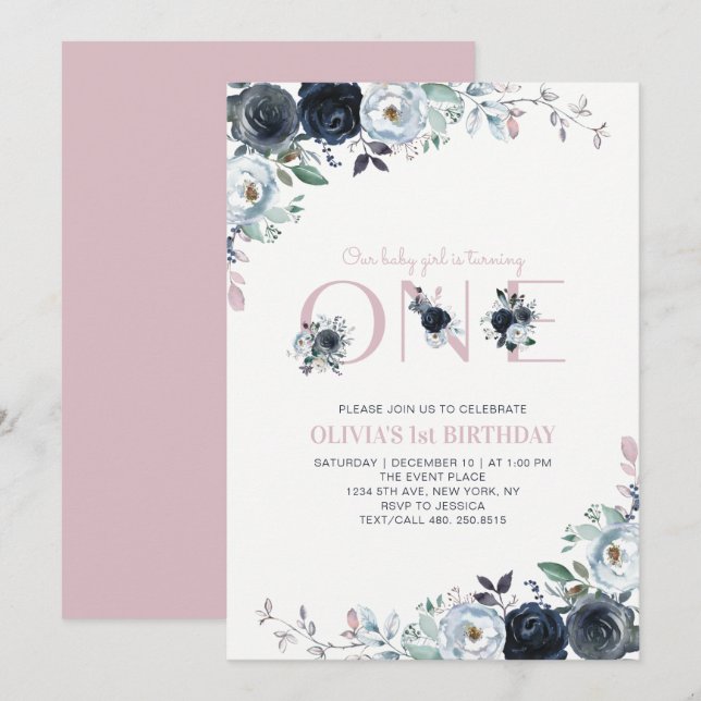 Navy & Pink Boho Floral Girl 1st Birthday Party Invitation (Front/Back)