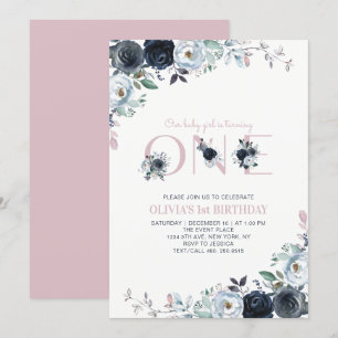 Navy & Pink Boho Floral Girl 1st Birthday Party Invitation