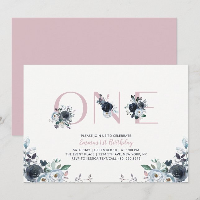 Navy & Pink Boho Floral Girl 1st Birthday Party Invitation (Front/Back)