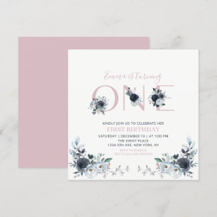 Navy & Pink Boho Floral Girl 1st Birthday Square Invitation