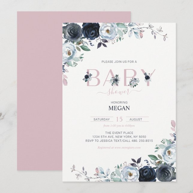 Navy & Pink Boho Floral Girl Baby Shower Invitation (Front/Back)