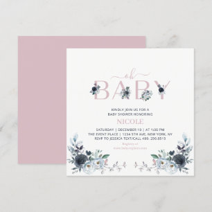 Navy & Pink Boho Floral Girl Baby Shower Square Invitation