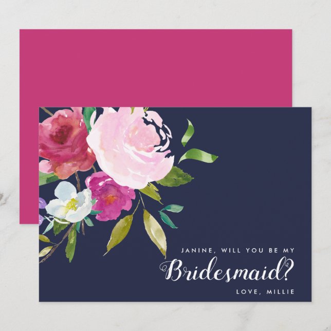 Navy & Pink Bold Floral Will You Be My Bridesmaid Invitation (Front/Back)