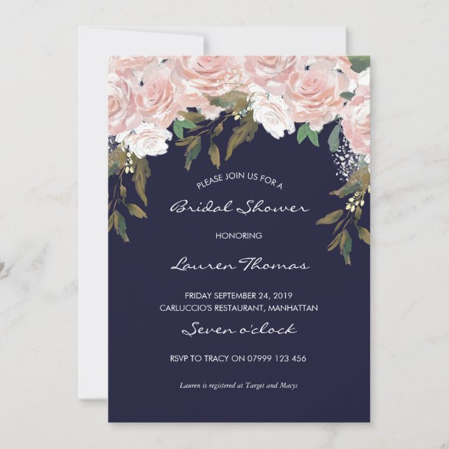 Navy pink bridal shower invitation modern floral (Front)