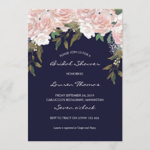 Navy pink bridal shower invitation modern floral