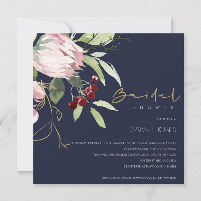 NAVY PINK BURGUNDY PROTEA FLORAL BRIDAL SHOWER INVITATION (Front)