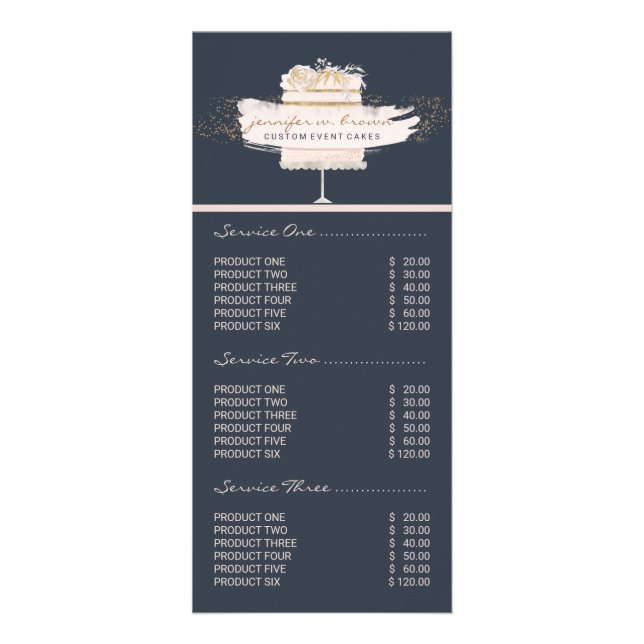 Navy Pink Cake Bakery Floral Pastry Price Rack Card (Front)