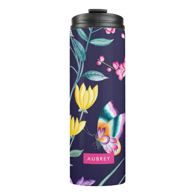 Navy & Pink Chinoiserie Flower Travel Tumbler (Front)