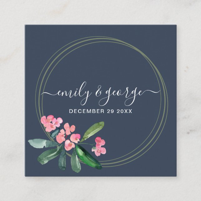 NAVY PINK CHRIST THORN BLOOM CACTI WEDDING WEBSITE SQUARE BUSINESS CARD (Front)