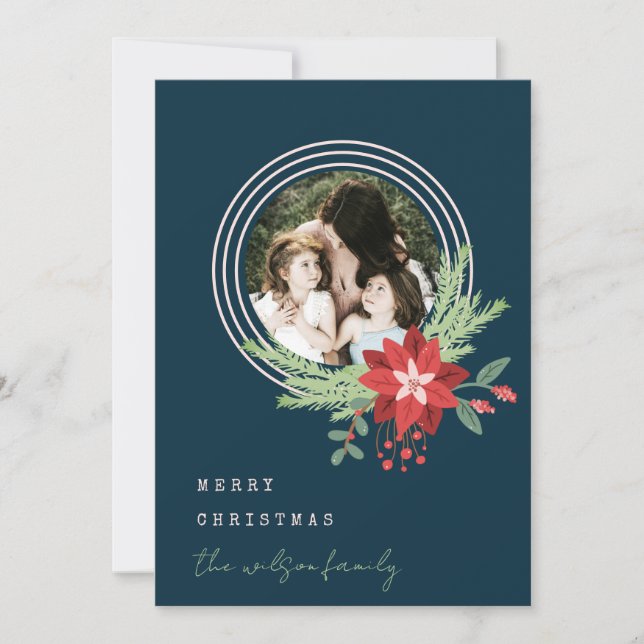 Navy Pink Circle Christmas Photo Poinsettia Floral Holiday Card (Front)