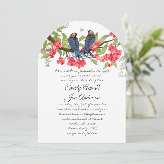 Navy Pink Coral Lovebird Forest Fairytale Wedding Invitation (Standing Front)