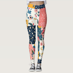 Navy Pink Cottagecore Floral Patchwork Leggings