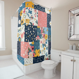 Navy Pink Cottagecore Floral Patchwork Shower Curtain
