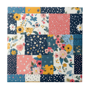 Navy Pink Cottagecore Floral Patchwork Tile