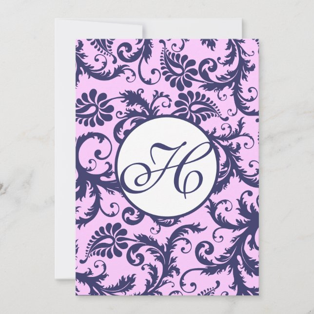 Navy & Pink Damask Swirls Wedding Invitation (Front)