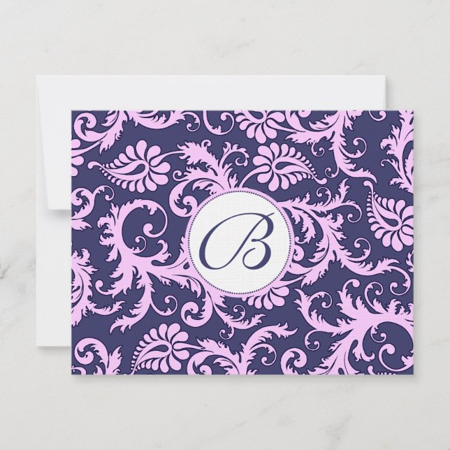Navy & Pink Damask Swirls Wedding Response RSVP (Front)