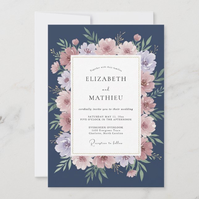Navy Pink Dusty Floral Wedding Invitation (Front)
