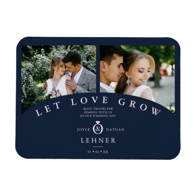 Navy Pink Elegant 2 Photos let Love Grow Wedding Magnet (Horizontal)
