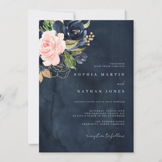Navy Pink Elegant Watercolor Florals Wedding  Invitation (Front)