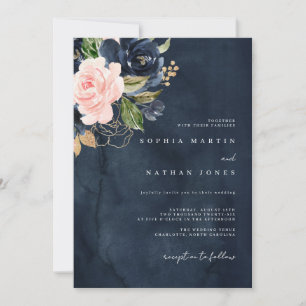 Navy Pink Elegant Watercolor Florals Wedding Invitation