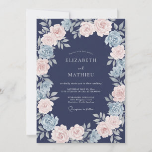 Navy Pink Ethereal Bloom Wedding Invitation