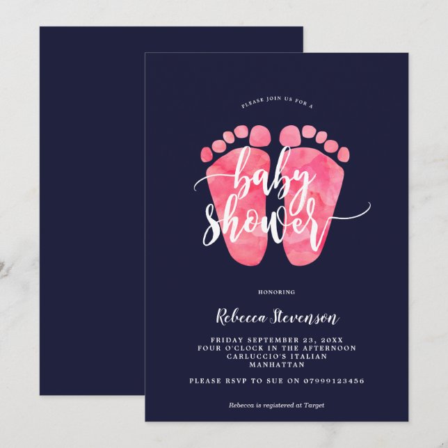 navy pink feet baby shower invitation (Front/Back)