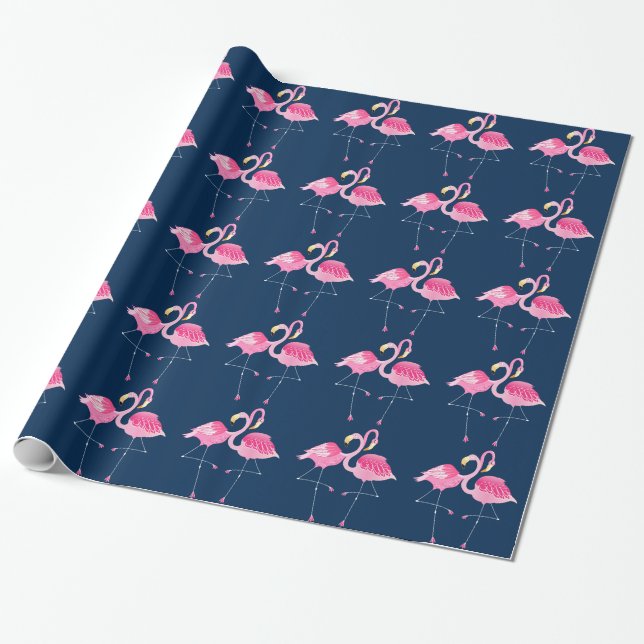 Navy & Pink Flamingos In Love Pattern Wrapping Paper (Unrolled)