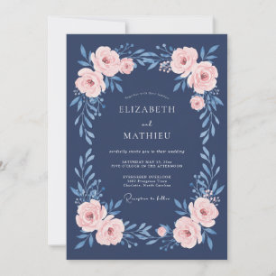 Navy Pink Floral Botanical Wedding Invitation
