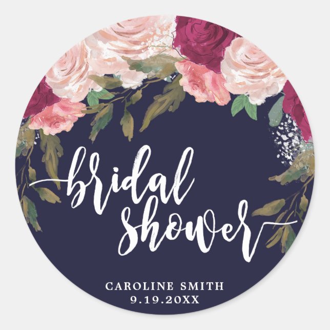 Navy pink floral bridal shower sticker favors (Front)