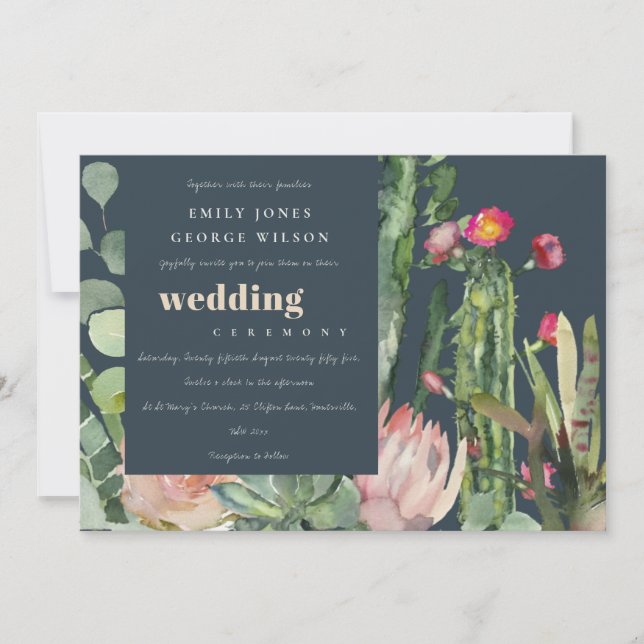 NAVY PINK FLORAL CACTI FAUNA WATERCOLOR WEDDING INVITATION (Front)