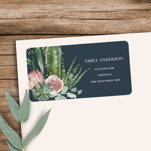 NAVY PINK FLORAL CACTI FOLIAGE WATERCOLOR ADDRESS LABEL (Creator Uploaded)