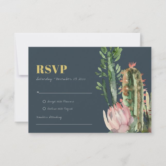 NAVY PINK FLORAL CACTI FOLIAGE WATERCOLOR RSVP (Front)