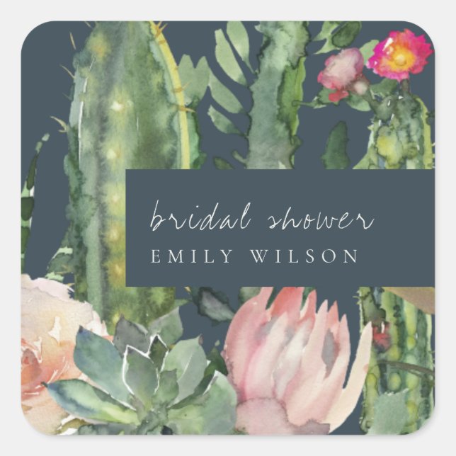 NAVY PINK FLORAL DESERT CACTI FAUNA BRIDAL SHOWER SQUARE STICKER (Front)