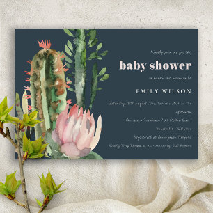 NAVY PINK FLORAL DESERT CACTI FOLIAGE BABY SHOWER INVITATION