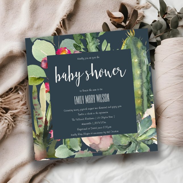 NAVY PINK FLORAL DESERT CACTI FOLIAGE BABY SHOWER INVITATION (Creator Uploaded)