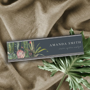 NAVY PINK FLORAL DESERT CACTI FOLIAGE WATERCOLOR DESK NAME PLATE