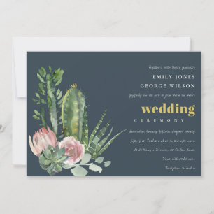 NAVY PINK FLORAL DESERT CACTI FOLIAGE WEDDING INVITATION