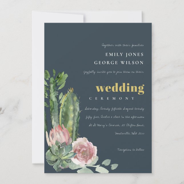 NAVY PINK FLORAL DESERT CACTI FOLIAGE WEDDING INVITATION (Front)
