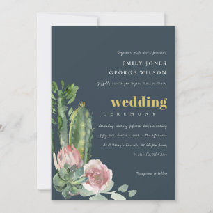 NAVY PINK FLORAL DESERT CACTI FOLIAGE WEDDING INVITATION