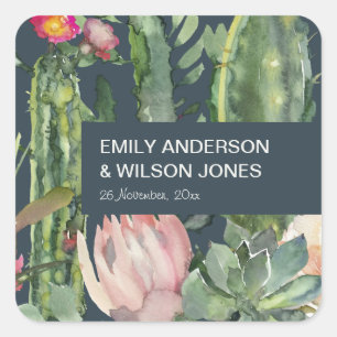 NAVY PINK FLORAL DESERT CACTI FOLIAGE WEDDING SQUARE STICKER