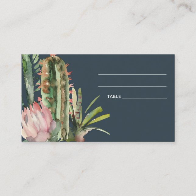 NAVY PINK FLORAL DESERT CACTI WEDDING PLACE CARD (Front)