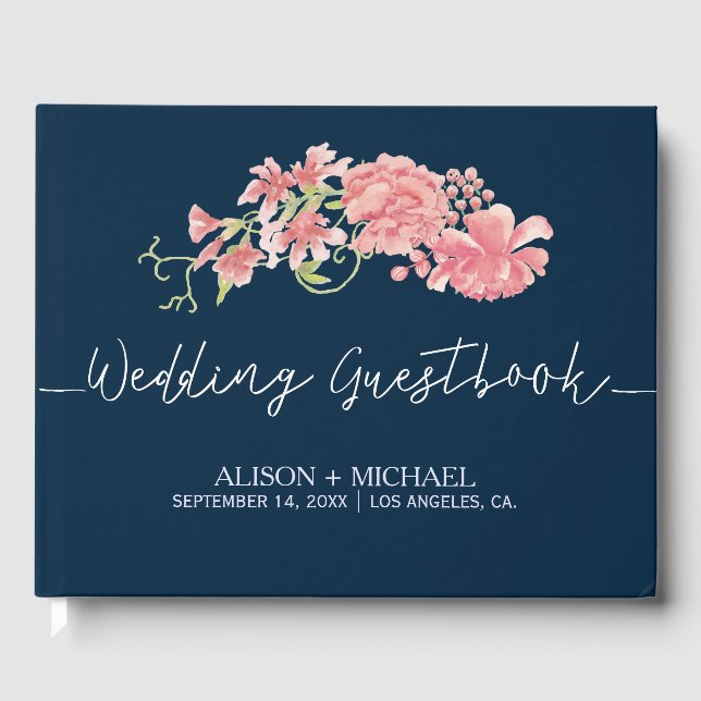 Navy pink floral elegant wedding guestbook (Front)