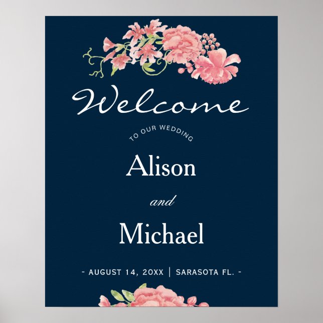 Navy pink floral elegant wedding welcome sign (Front)
