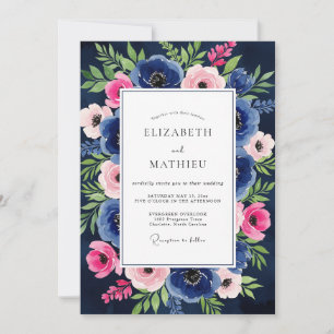 Navy Pink Floral Enchantment Wedding Invitation