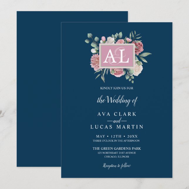 Navy Pink Floral Frame Watercolor Wedding Invitation (Front/Back)