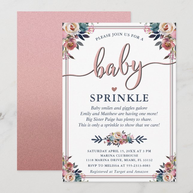 Navy Pink Floral Gender Neutral Baby Sprinkle Poem Invitation (Front/Back)